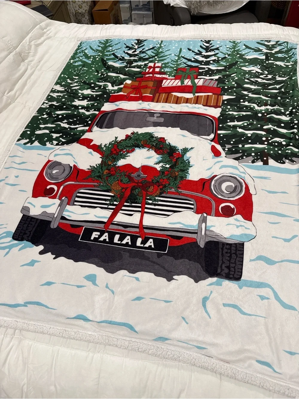 Holiday Red Vintage Truck Throw Blanket - Festive Wreath Design Soft Cozy 50x60